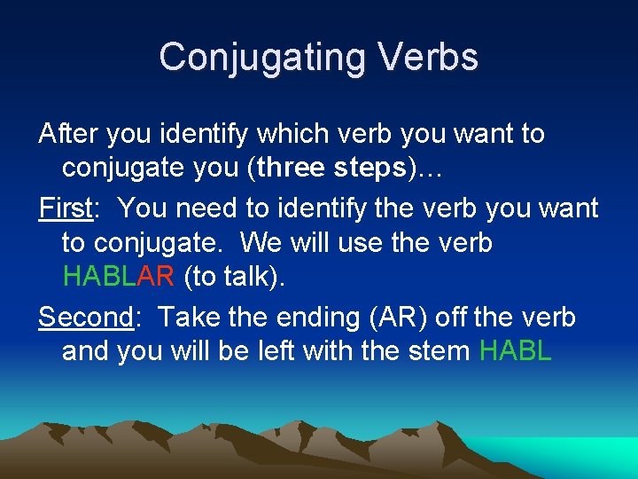 Conjugating Verbs After you identify which verb you want to conjugate you (three steps)…