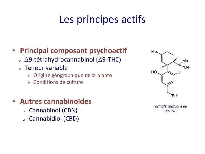 Les principes actifs • Principal composant psychoactif o o D 9 -tétrahydrocannabinol (D 9