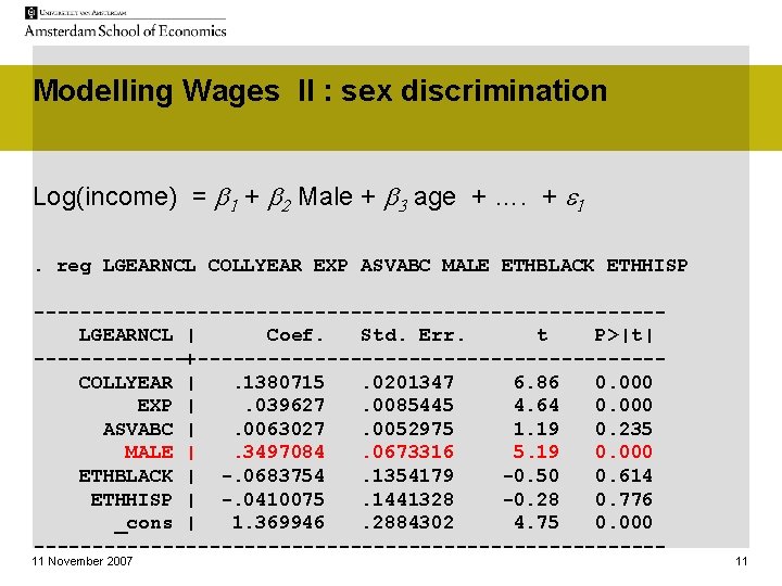 Modelling Wages II : sex discrimination Log(income) = b 1 + b 2 Male