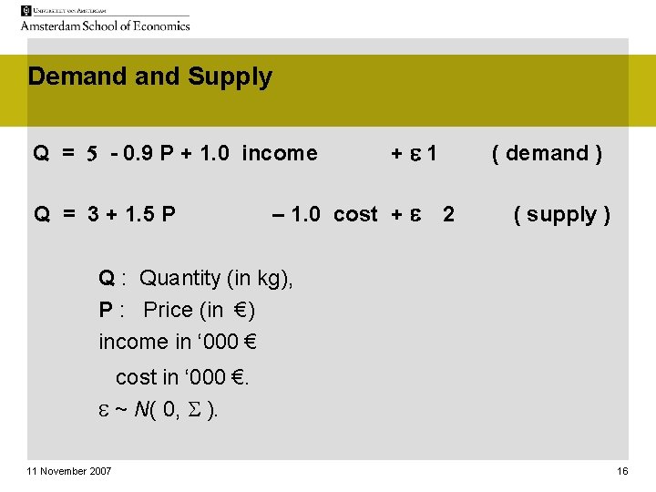 Demand Supply Q = 5 - 0. 9 P + 1. 0 income Q