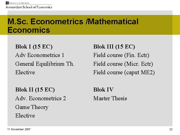 M. Sc. Econometrics /Mathematical Economics Blok I (15 EC) Adv Econometrics 1 General Equilibrium