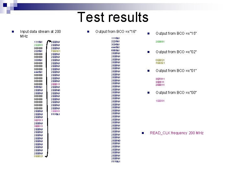 Test results n Input data stream at 200 MHz 111561 2 EE 551 000000