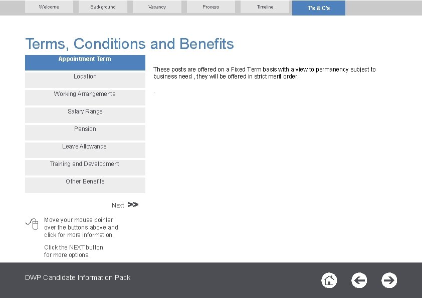 Welcome Background Vacancy Process Timeline T’s & C’s Terms, Conditions and Benefits Appointment Term