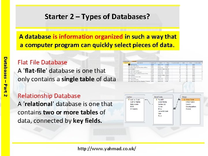 Starter 2 – Types of Databases? A database is information organized in such a