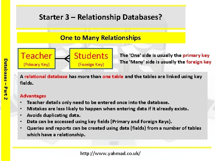 Starter 3 – Relationship Databases? One to Many Relationships Databases – Part 2 Teacher