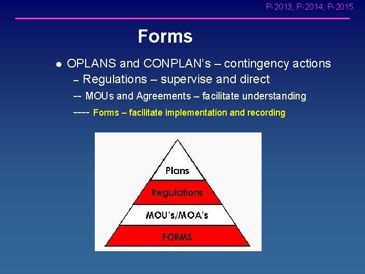 P-2013, P-2014, P-2015 Forms l OPLANS and CONPLAN’s – contingency actions – Regulations –