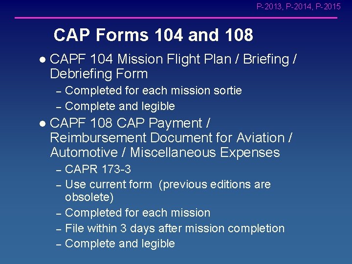 P-2013, P-2014, P-2015 CAP Forms 104 and 108 l CAPF 104 Mission Flight Plan