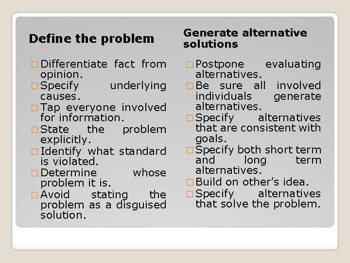 Define the problem Generate alternative solutions � Differentiate � Postpone fact from opinion. �