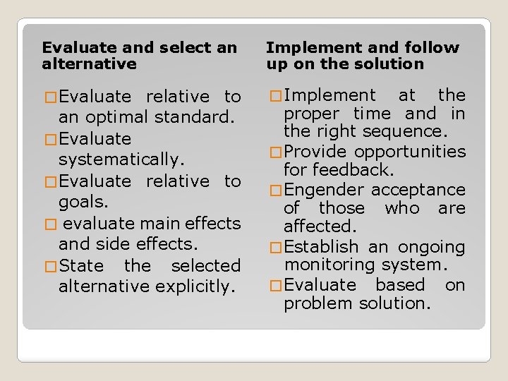 Evaluate and select an alternative Implement and follow up on the solution � Evaluate