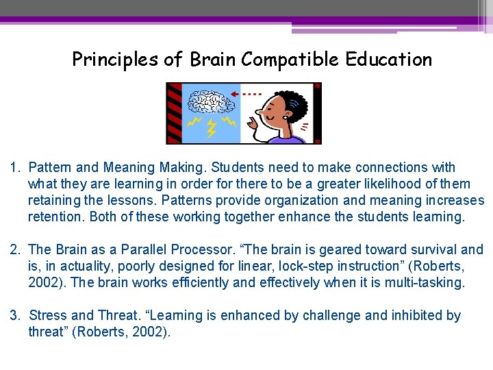 Principles of Brain Compatible Education 1. Pattern and Meaning Making. Students need to make