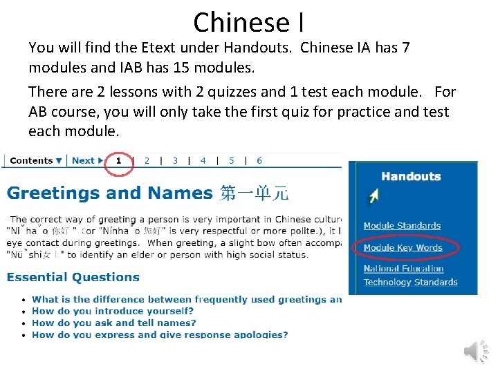 Chinese I You will find the Etext under Handouts. Chinese IA has 7 modules