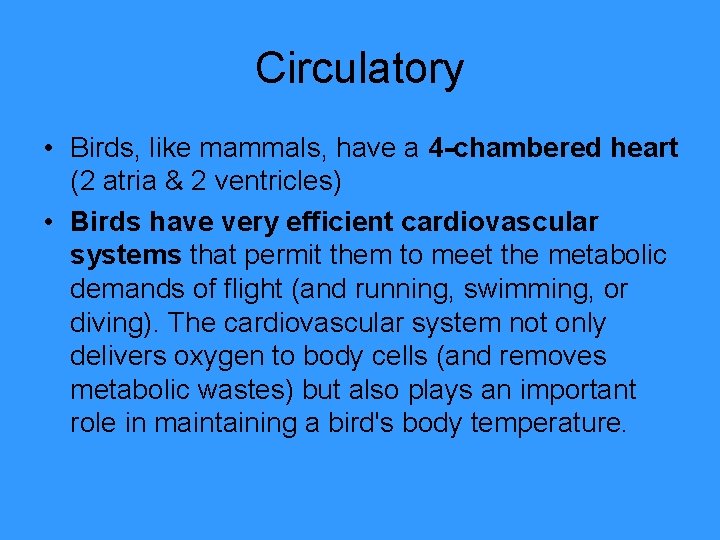 Circulatory • Birds, like mammals, have a 4 -chambered heart (2 atria & 2