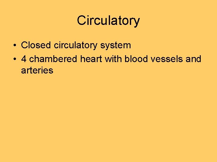 Circulatory • Closed circulatory system • 4 chambered heart with blood vessels and arteries