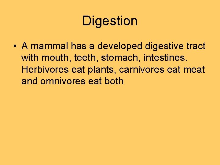 Digestion • A mammal has a developed digestive tract with mouth, teeth, stomach, intestines.