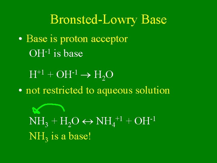 Bronsted-Lowry Base • Base is proton acceptor OH-1 is base H+1 + OH-1 H