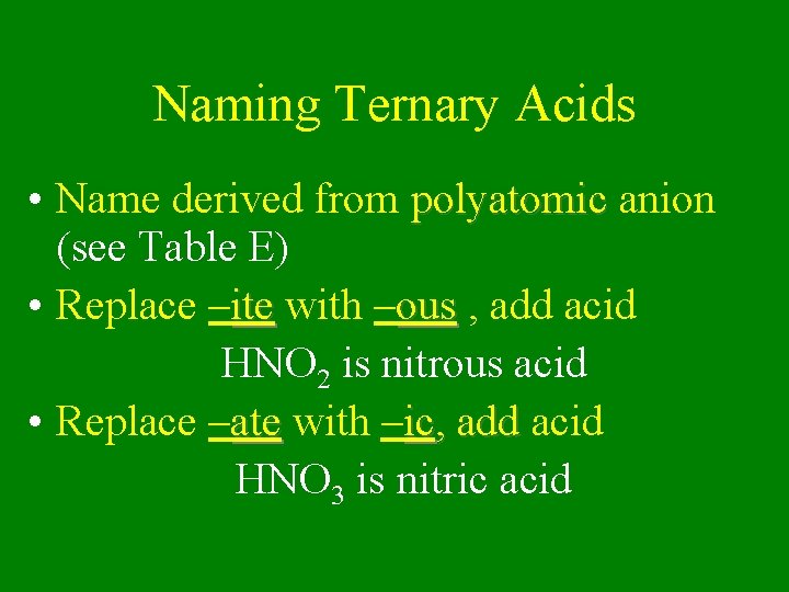 Naming Ternary Acids • Name derived from polyatomic anion (see Table E) • Replace
