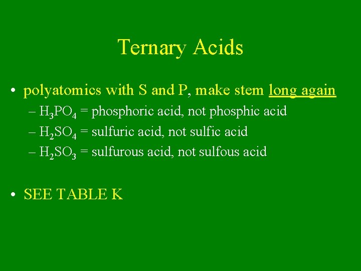 Ternary Acids • polyatomics with S and P, make stem long again – H