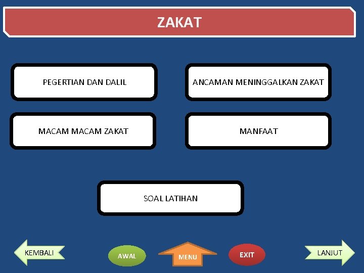 ZAKAT PEGERTIAN DALIL ANCAMAN MENINGGALKAN ZAKAT MACAM ZAKAT MANFAAT SOAL LATIHAN KEMBALI AWAL MENU