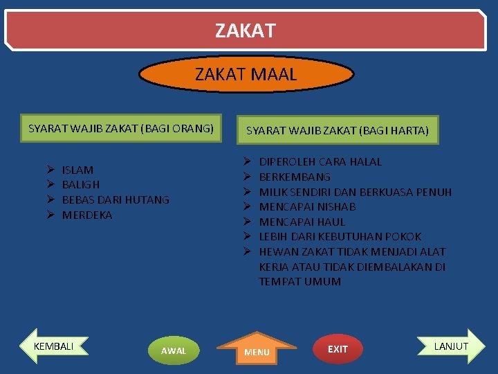 ZAKAT MAAL SYARAT WAJIB ZAKAT (BAGI ORANG) Ø Ø ISLAM BALIGH BEBAS DARI HUTANG