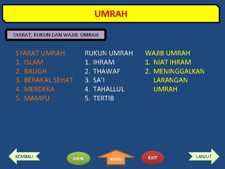 UMRAH SYARAT, RUKUN DAN WAJIB UMRAH SYARAT UMRAH 1. ISLAM 2. BALIGH 3. BERAKAL