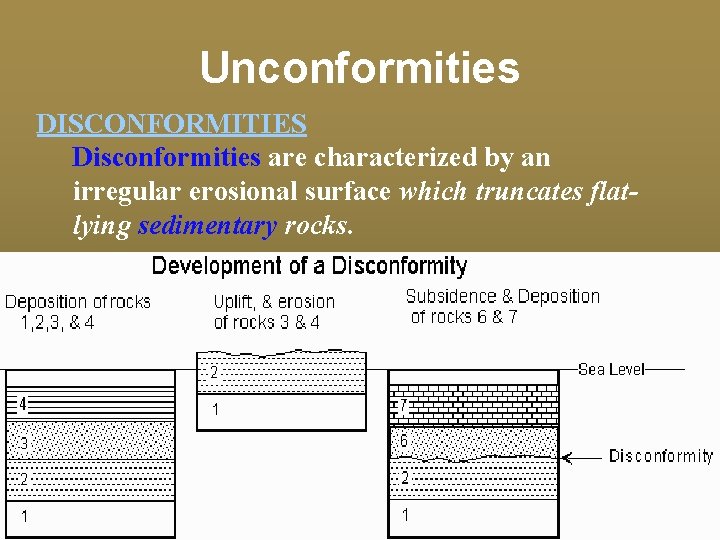 Unconformities DISCONFORMITIES Disconformities are characterized by an irregular erosional surface which truncates flatlying sedimentary