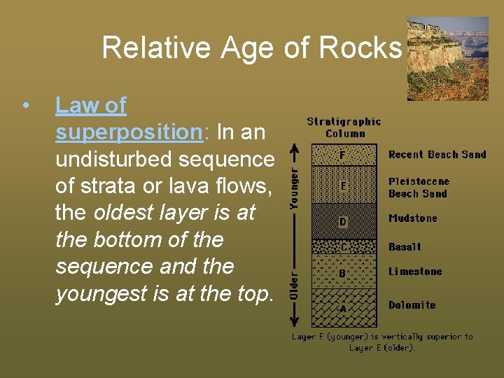 Relative Age of Rocks • Law of superposition: In an undisturbed sequence of strata