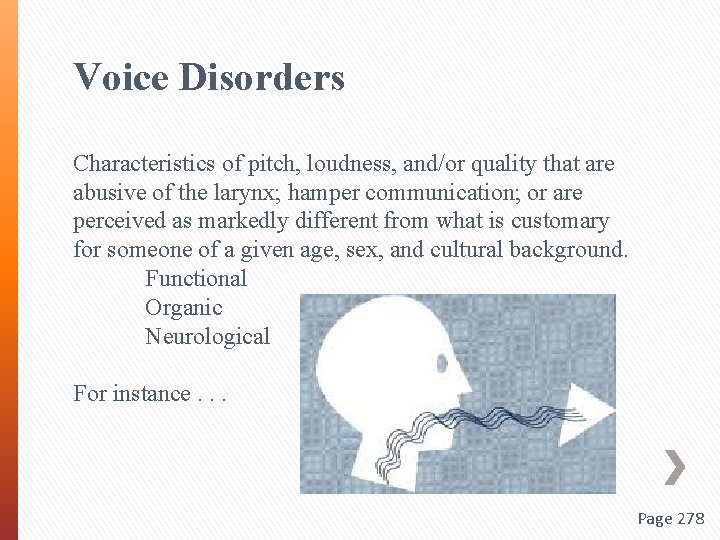 Voice Disorders Characteristics of pitch, loudness, and/or quality that are abusive of the larynx;