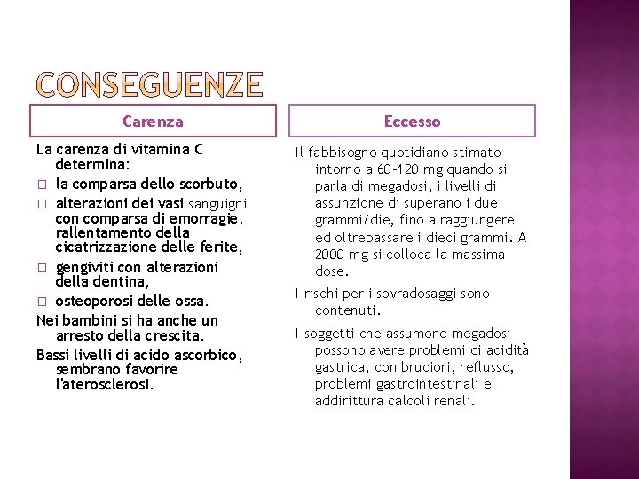 Carenza La carenza di vitamina C determina: � la comparsa dello scorbuto, � alterazioni