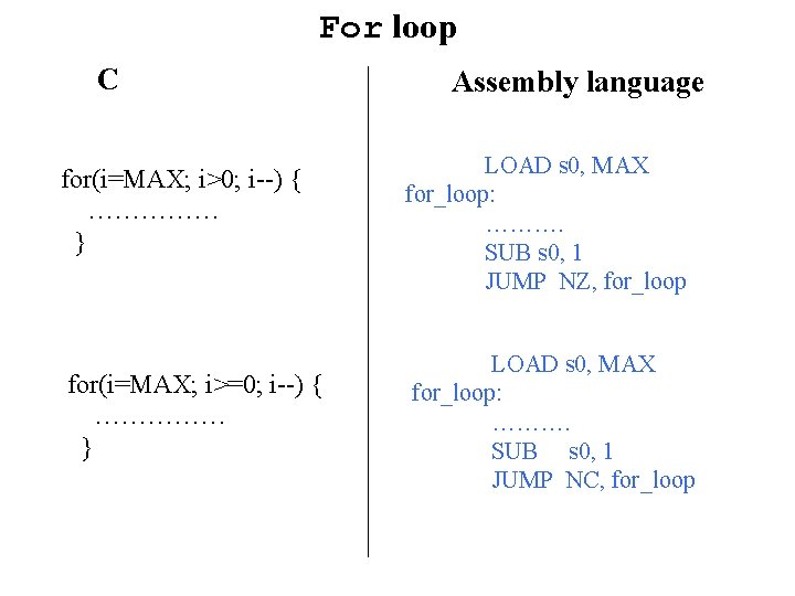 For loop C for(i=MAX; i>0; i--) { …………… } for(i=MAX; i>=0; i--) { ……………