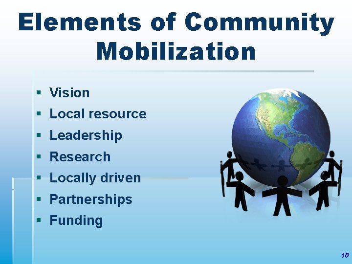 Elements of Community Mobilization § Vision § Local resource § Leadership § Research §