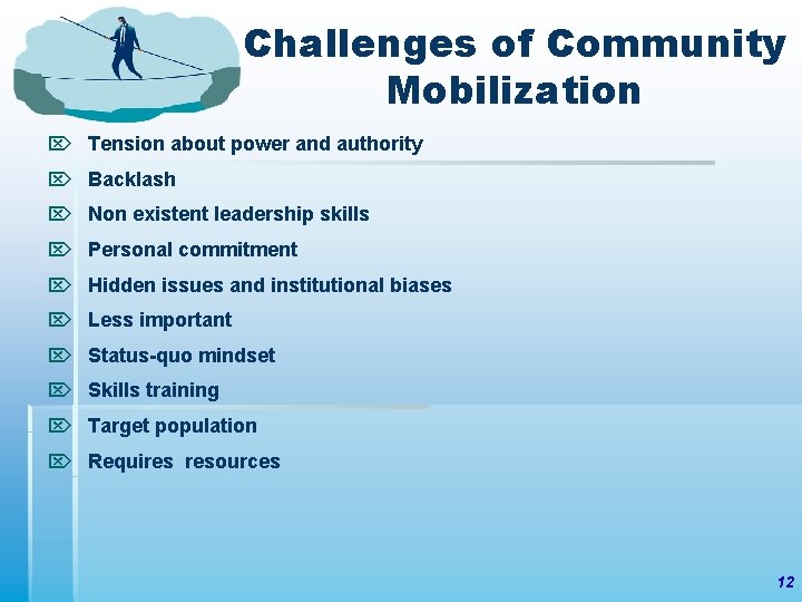 Challenges of Community Mobilization Tension about power and authority Backlash Non existent leadership skills