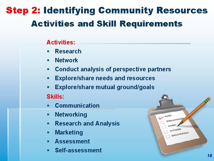 Step 2: Identifying Community Resources Activities and Skill Requirements Activities: § Research § §