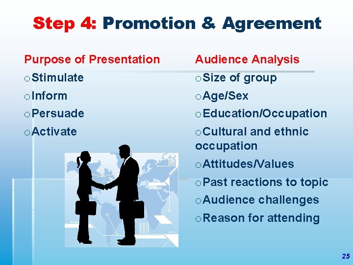 Step 4: Promotion & Agreement Purpose of Presentation Audience Analysis o. Stimulate o. Size