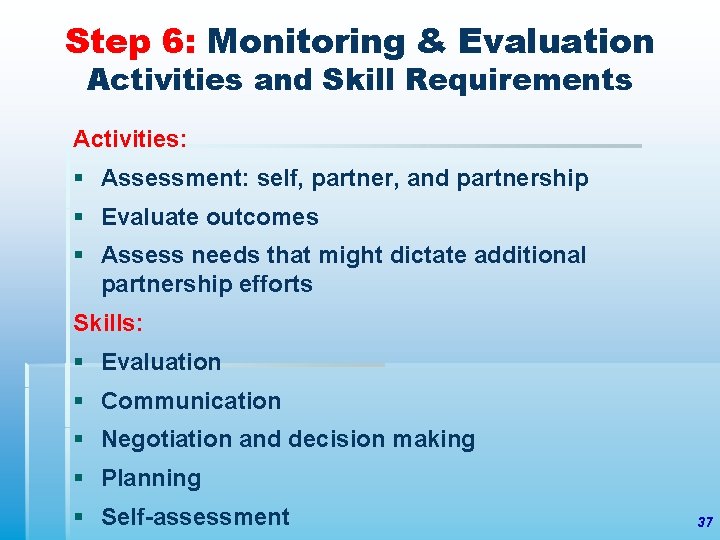 Step 6: Monitoring & Evaluation Activities and Skill Requirements Activities: § Assessment: self, partner,