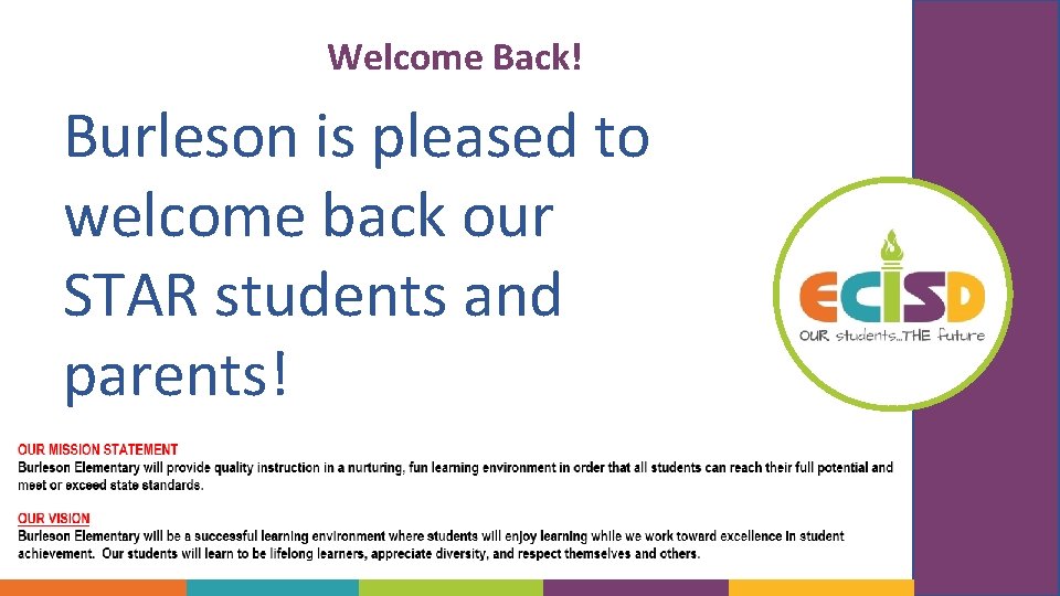 Welcome Back! Burleson is pleased to welcome back our STAR students and parents! 