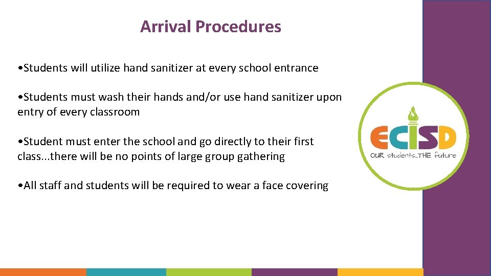 Arrival Procedures • Students will utilize hand sanitizer at every school entrance • Students