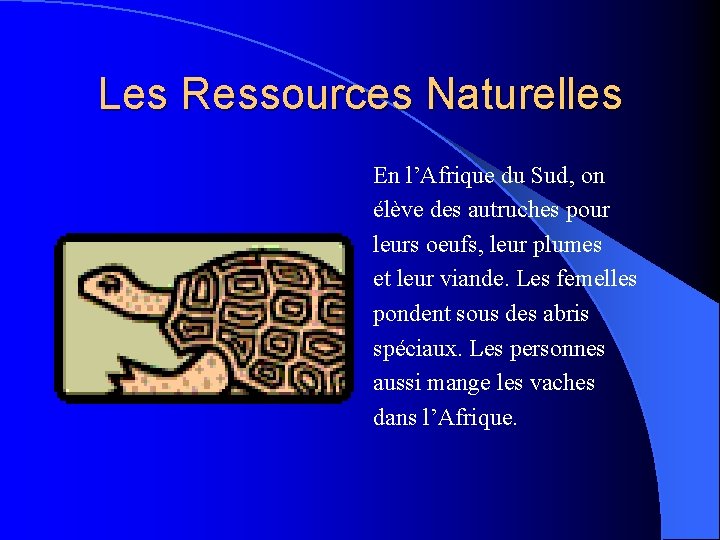 Les Ressources Naturelles En l’Afrique du Sud, on élève des autruches pour leurs oeufs,