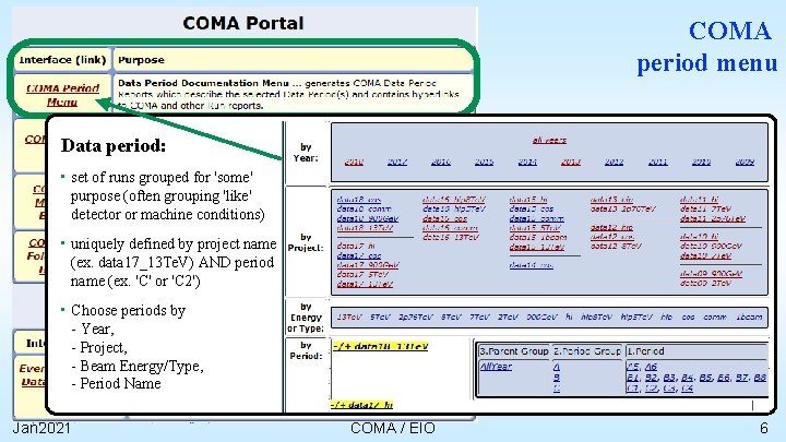 COMA period menu Data period: • set of runs grouped for 'some' purpose (often