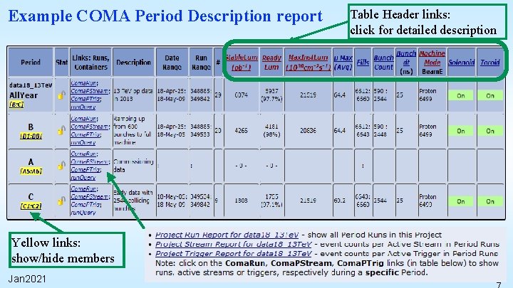 Example COMA Period Description report Yellow links: show/hide members Jan 2021 COMA / EIO