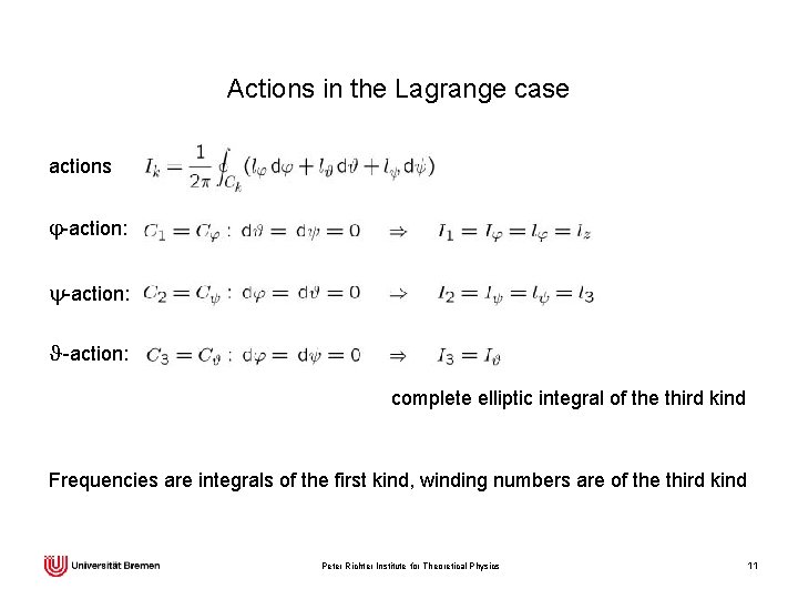 Actions in the Lagrange case actions j-action: y-action: J-action: complete elliptic integral of the