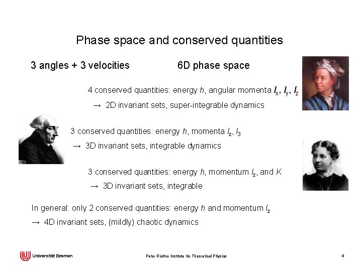 Phase space and conserved quantities 3 angles + 3 velocities 6 D phase space