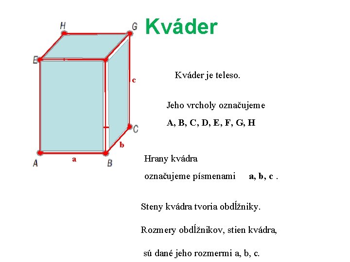 Kváder c Kváder je teleso. Jeho vrcholy označujeme A, B, C, D, E, F,