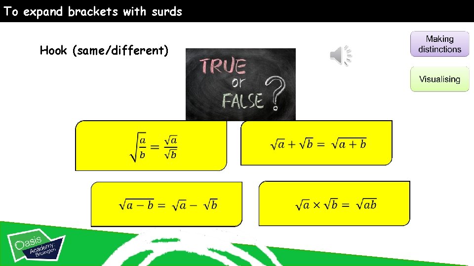 To expand brackets with surds Hook (same/different) 