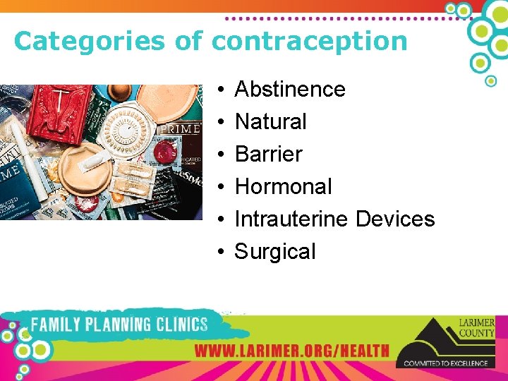 Categories of contraception • • • Abstinence Natural Barrier Hormonal Intrauterine Devices Surgical 