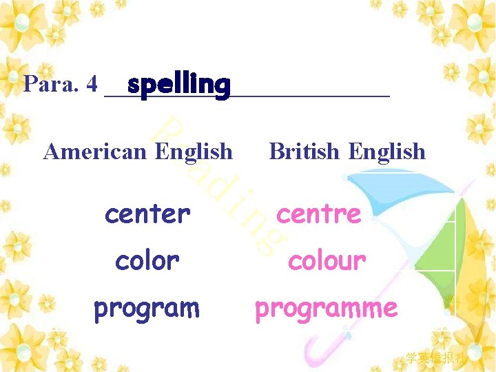 Para. 4 ____________ spelling R ea British English American English di center ng centre