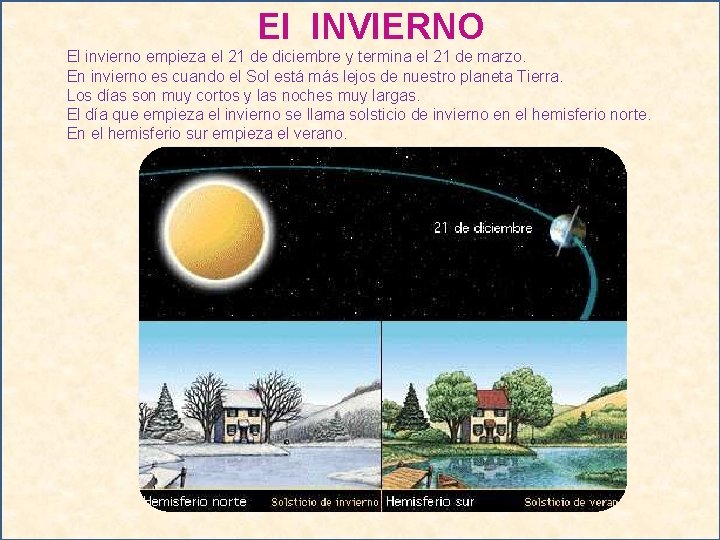 El INVIERNO El invierno empieza el 21 de diciembre y termina el 21 de