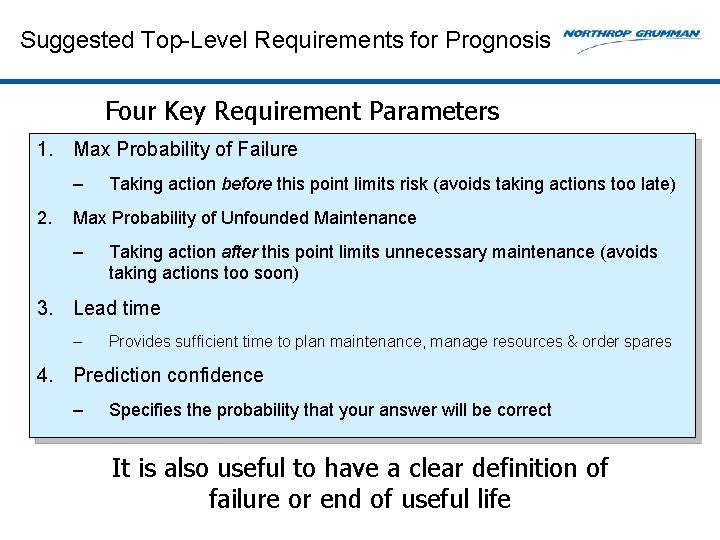 Suggested Top-Level Requirements for Prognosis Four Key Requirement Parameters 1. Max Probability of Failure