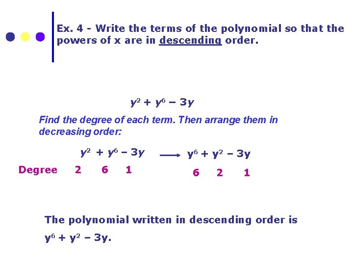 Ex. 4 - Write the terms of the polynomial so that the powers of