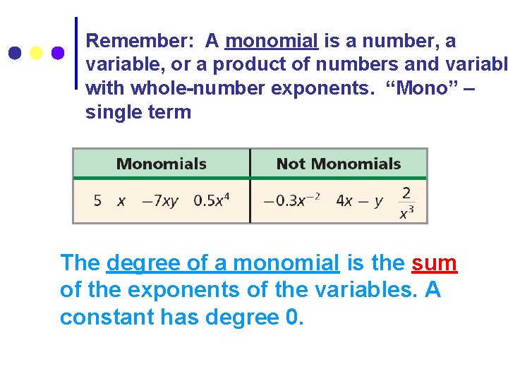 Remember: A monomial is a number, a variable, or a product of numbers and