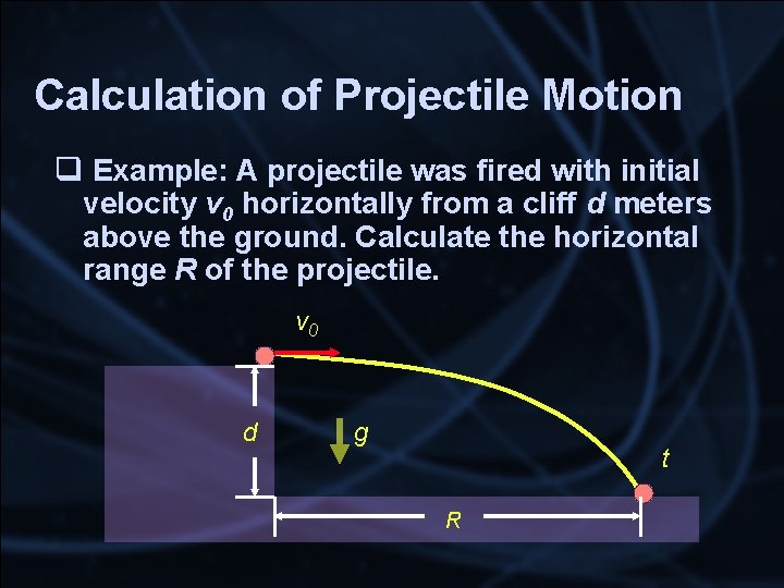 Calculation of Projectile Motion q Example: A projectile was fired with initial velocity v